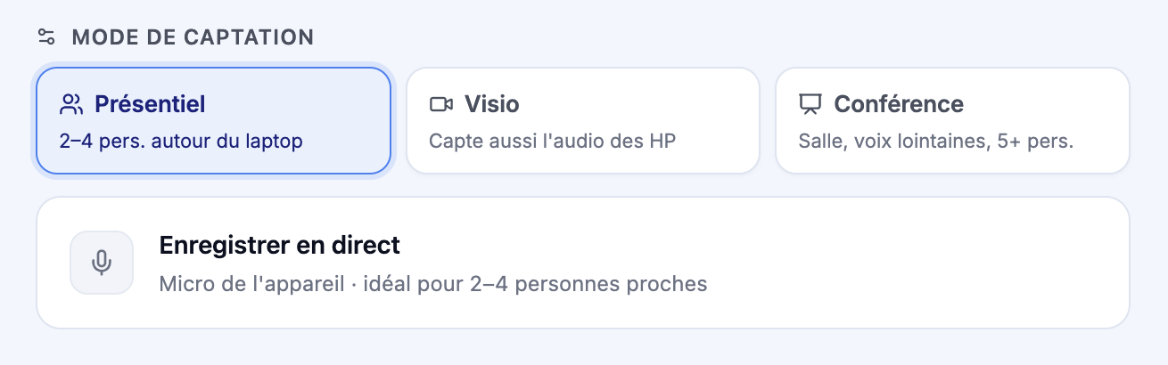Modes de captation d'une séance : présentiel, visioconférence et conférence